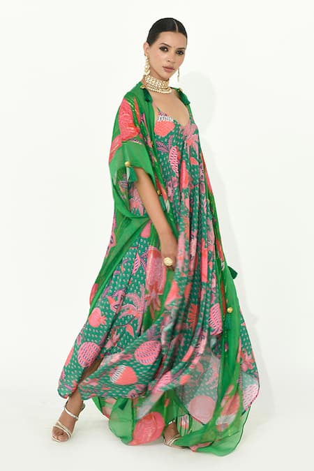 Rishi and Vibhuti_Green Organza, Crepe Tassels, Embroidery Kabeera Floral Print Dress With Overlay _Online_at_Aza_Fashions