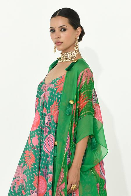 Buy_Rishi and Vibhuti_Green Organza, Crepe Tassels, Embroidery Kabeera Floral Print Dress With Overlay _Online_at_Aza_Fashions