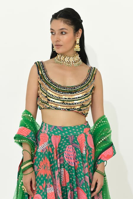 Rishi and Vibhuti Green Crepe, Net Mirrors, Tassels Scoop Neck Jade Floral Print Lehenga Set Online at Aza Fashions Rishi and Vibhuti_Green Crepe, Net Mirrors, Tassels Scoop Neck Jade Floral Print Lehenga Set _Online_at_Aza_Fashions