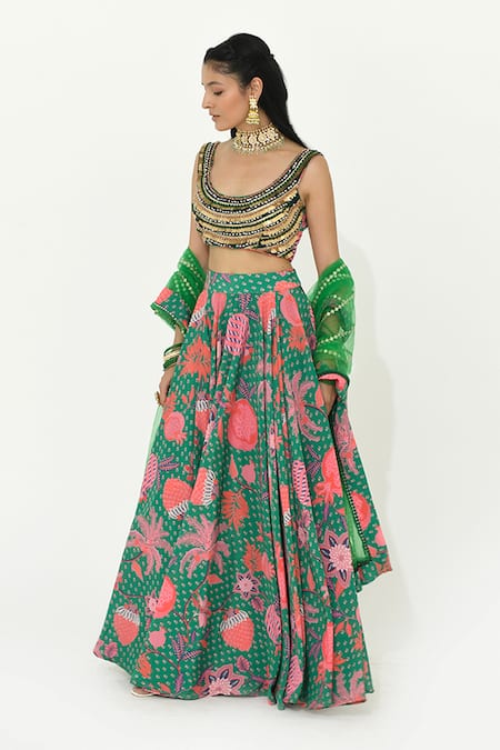 Buy Rishi and Vibhuti Green Crepe, Net Mirrors, Tassels Scoop Neck Jade Floral Print Lehenga Set Online at Aza Fashions Buy_Rishi and Vibhuti_Green Crepe, Net Mirrors, Tassels Scoop Neck Jade Floral Print Lehenga Set _Online_at_Aza_Fashions