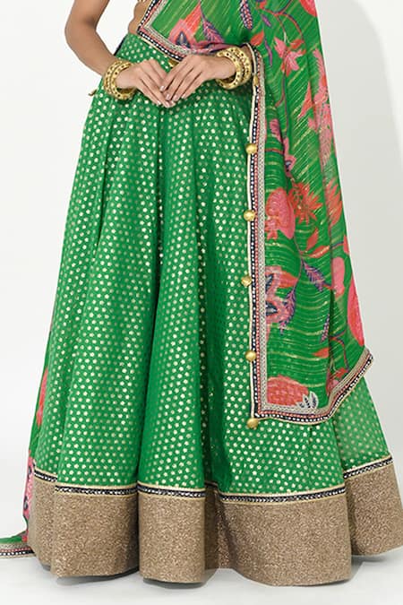 Rishi and Vibhuti_Green Chanderi, Georgette Embroidery, Lace, Floral Butti Pattern Lehenga Set _Online_at_Aza_Fashions