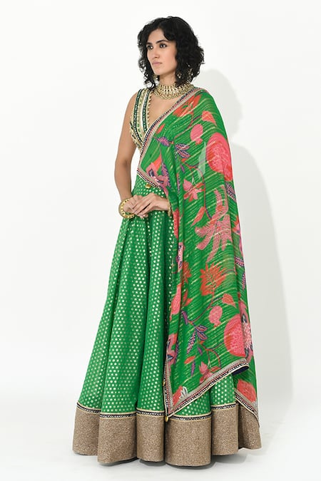Shop_Rishi and Vibhuti_Green Chanderi, Georgette Embroidery, Lace, Floral Butti Pattern Lehenga Set _Online_at_Aza_Fashions