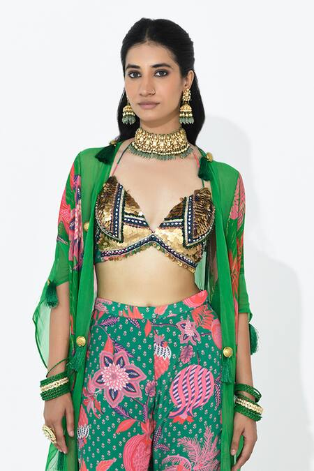 Rishi and Vibhuti_Green Crepe, Organza Kaira Applique Cape And Floral Print Flared Pant Set _Online_at_Aza_Fashions