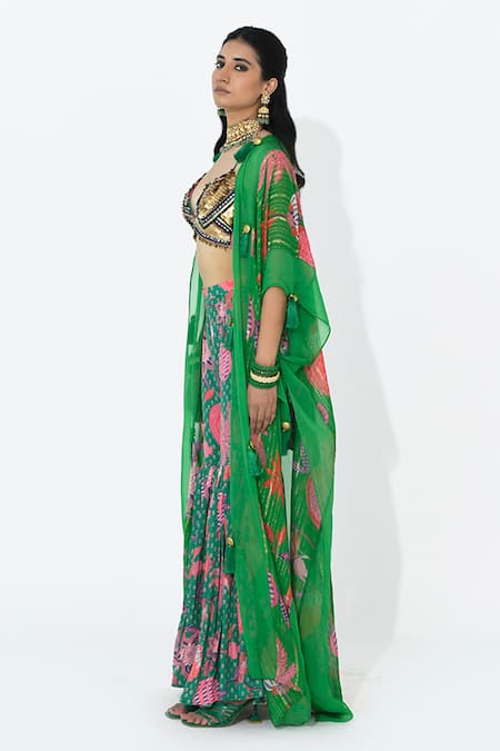 Buy_Rishi and Vibhuti_Green Crepe, Organza Kaira Applique Cape And Floral Print Flared Pant Set _Online_at_Aza_Fashions