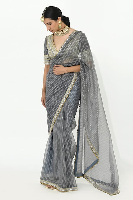 Rishi and Vibhuti Sanjh Trellis Pattern Saree With Blouse 