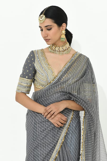 Rishi and Vibhuti_Grey Georgette, Organza Embroidery, Sanjh Trellis Pattern Saree With Blouse _Online_at_Aza_Fashions