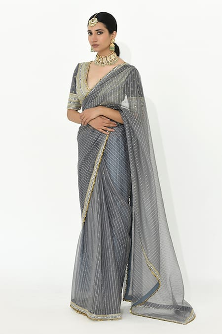 Buy_Rishi and Vibhuti_Grey Georgette, Organza Embroidery, Sanjh Trellis Pattern Saree With Blouse _Online_at_Aza_Fashions