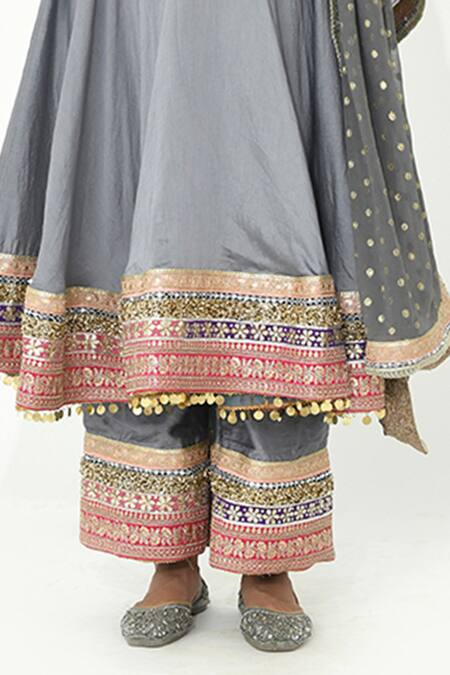 Rishi and Vibhuti_Grey Chanderi, Georgette Lace, Tassels Ghazal Mandala Border Anarkali Pant Set _Online_at_Aza_Fashions