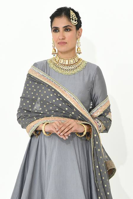 Buy_Rishi and Vibhuti_Grey Chanderi, Georgette Lace, Tassels Ghazal Mandala Border Anarkali Pant Set _Online_at_Aza_Fashions