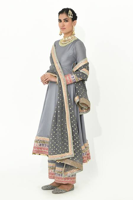 Shop_Rishi and Vibhuti_Grey Chanderi, Georgette Lace, Tassels Ghazal Mandala Border Anarkali Pant Set _Online_at_Aza_Fashions