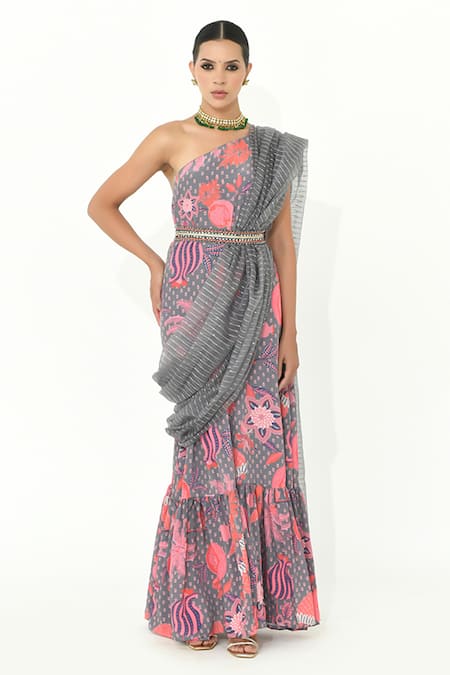 Rishi and Vibhuti Multi Color Crepe Print Floral Sassy Flower Bloom Dress And Dupatta Set 