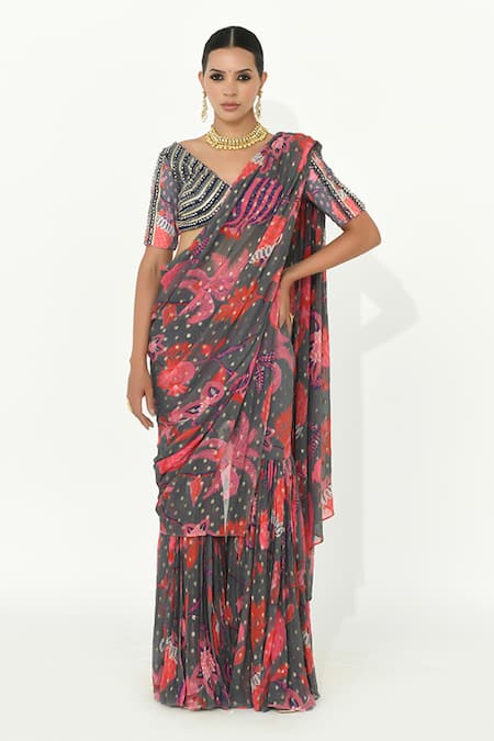 Rishi and Vibhuti Pre-Draped Floral Print Pant Saree With Blouse 