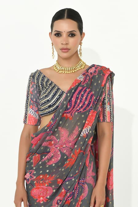 Rishi and Vibhuti_Grey Georgette, Crepe Mirrors Pre-draped Floral Print Pant Saree With Blouse _Online_at_Aza_Fashions