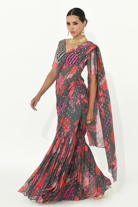 Buy_Rishi and Vibhuti_Grey Georgette, Crepe Mirrors Pre-draped Floral Print Pant Saree With Blouse _Online_at_Aza_Fashions