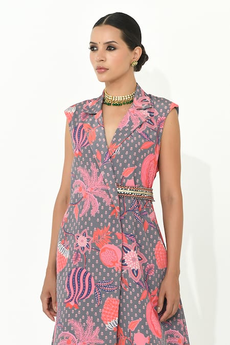 Rishi and Vibhuti_Grey Crepe, Chanderi Embroidery Eclectic Edge Floral Bloom Print Tunic With Pant _Online_at_Aza_Fashions