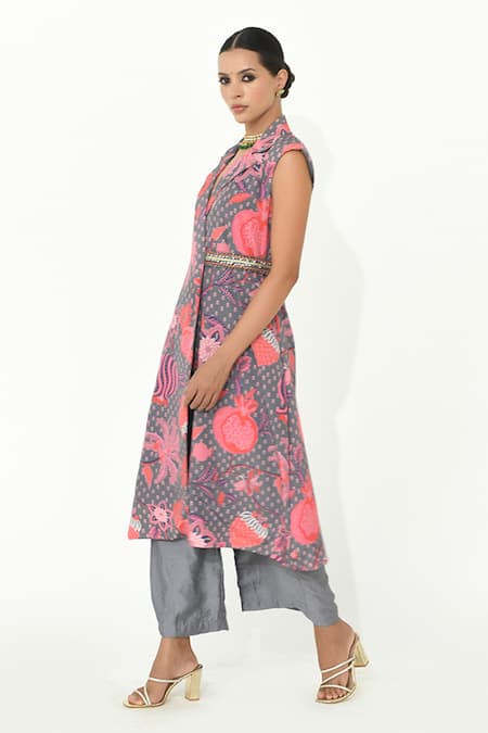 Buy_Rishi and Vibhuti_Grey Crepe, Chanderi Embroidery Eclectic Edge Floral Bloom Print Tunic With Pant _Online_at_Aza_Fashions