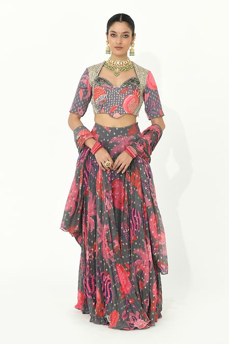 Rishi and Vibhuti Grey Georgette And Crepe Embroidery Floral Grapefruit Print Lehenga Set 