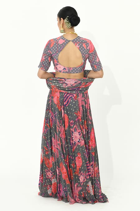 Rishi and Vibhuti Grapefruit Floral Print Lehenga Set 