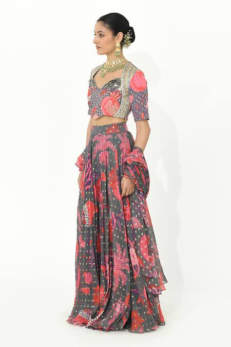 Rishi and Vibhuti Grey Georgette, Crepe Lace, Tassels Grapefruit Floral Print Lehenga Set Online at Aza Fashions Rishi and Vibhuti_Grey Georgette, Crepe Lace, Tassels Grapefruit Floral Print Lehenga Set _Online_at_Aza_Fashions