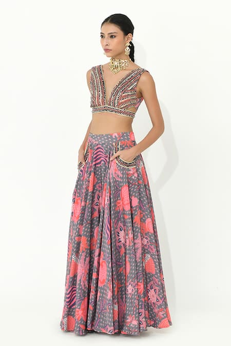 Rishi and Vibhuti Grey Crepe Embroidery, Lace, Mirrors Yezzy Grapefruit Print Lehenga With Blouse Online at Aza Fashions Rishi and Vibhuti_Grey Crepe Embroidery, Lace, Mirrors Yezzy Grapefruit Print Lehenga With Blouse _Online_at_Aza_Fashions