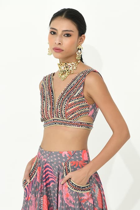 Buy Rishi and Vibhuti Grey Crepe Embroidery, Lace, Mirrors Yezzy Grapefruit Print Lehenga With Blouse Online at Aza Fashions Buy_Rishi and Vibhuti_Grey Crepe Embroidery, Lace, Mirrors Yezzy Grapefruit Print Lehenga With Blouse _Online_at_Aza_Fashions