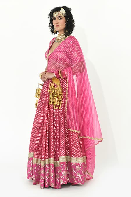 Rishi and Vibhuti_Pink Chanderi, Georgette, Chiffon Umrani Geometric Pattern Bridal Lehenga Set _Online_at_Aza_Fashions