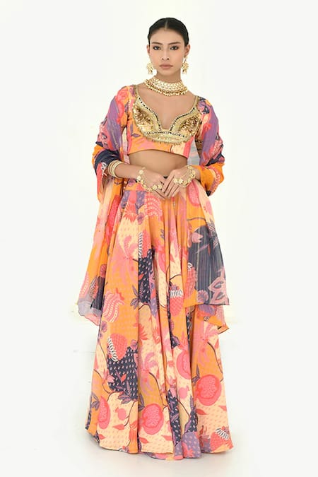 Rishi and Vibhuti Multi Color Crepe Printed Floral Notched Bebo Lehenga Set 