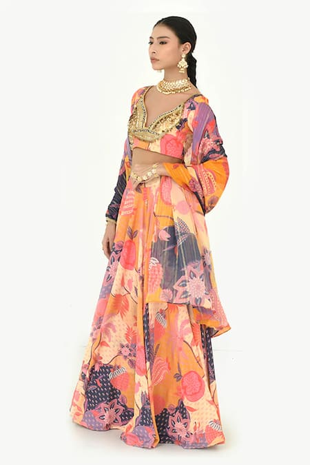 Buy Rishi and Vibhuti Multi Color Crepe, Georgette Mirrors, Zari, Bebo Floral Print Lehenga Set Online at Aza Fashions Buy_Rishi and Vibhuti_Multi Color Crepe, Georgette Mirrors, Zari, Bebo Floral Print Lehenga Set _Online_at_Aza_Fashions