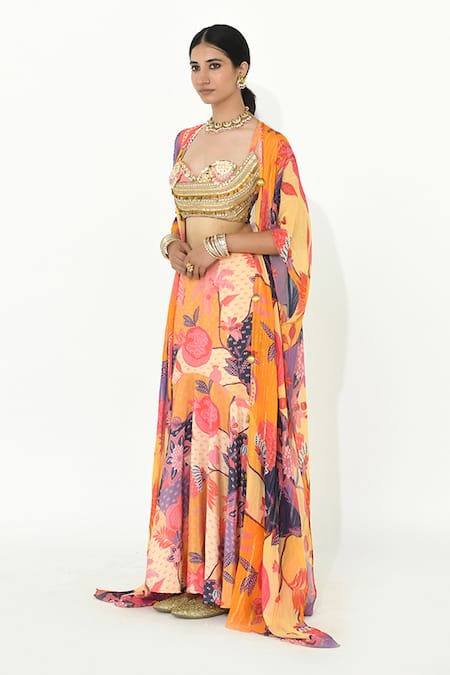 Rishi and Vibhuti Jal Pari Floral Print Cape Mermaid Skirt Set 