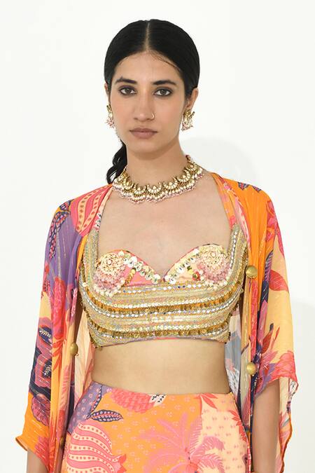 Rishi and Vibhuti Multi Color Organza, Crepe, Jal Pari Floral Print Cape Mermaid Skirt Set Online at Aza Fashions Rishi and Vibhuti_Multi Color Organza, Crepe, Jal Pari Floral Print Cape Mermaid Skirt Set _Online_at_Aza_Fashions