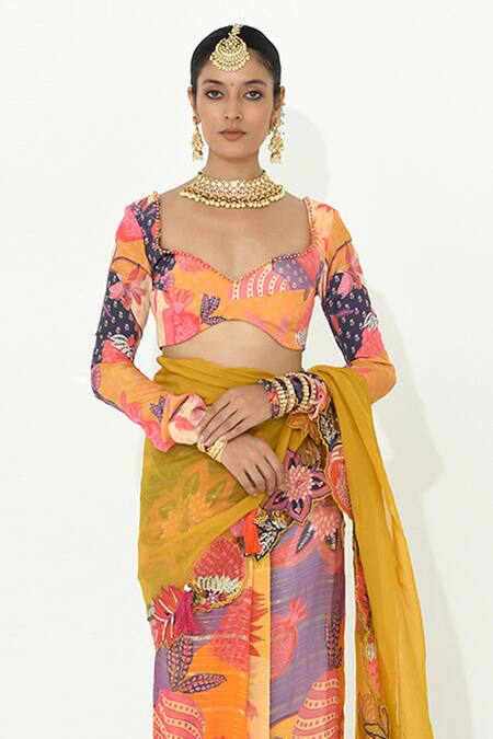 Rishi and Vibhuti_Multi Color Georgette, Organza, Crepe Sizzle Bay Printed Saree With Blouse _Online_at_Aza_Fashions