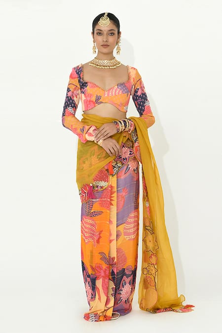 Buy_Rishi and Vibhuti_Multi Color Georgette, Organza, Crepe Sizzle Bay Printed Saree With Blouse _Online_at_Aza_Fashions