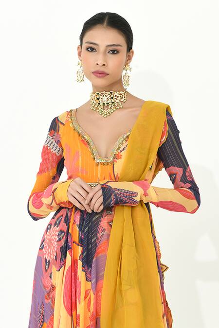 Rishi and Vibhuti_Multi Color Organza, Georgette Sequins, Diva Flower Print Anarkali With Dupatta _Online_at_Aza_Fashions