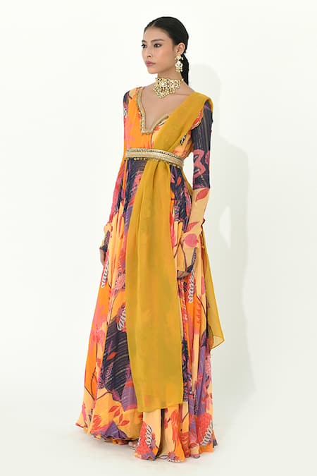 Buy_Rishi and Vibhuti_Multi Color Organza, Georgette Sequins, Diva Flower Print Anarkali With Dupatta _Online_at_Aza_Fashions