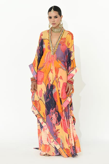 Rishi and Vibhuti Multi Color Crepe Printed Floral Plunge V Hawa Kaftan Kurta And Pant Set 