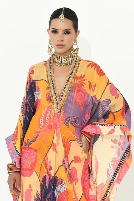 Rishi and Vibhuti_Multi Color Crepe Sequins, Mirrors Hawa Printed Kaftan Kurta And Pant Set _Online_at_Aza_Fashions