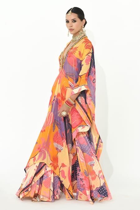 Buy_Rishi and Vibhuti_Multi Color Crepe Sequins, Mirrors Hawa Printed Kaftan Kurta And Pant Set _Online_at_Aza_Fashions
