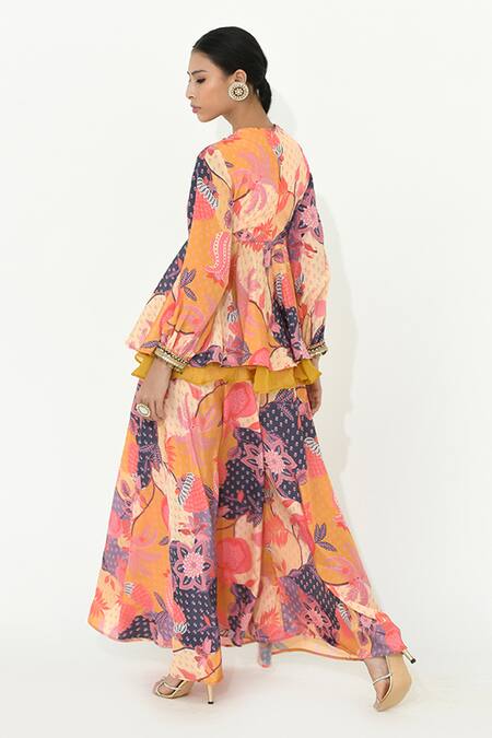 Shop Rishi and Vibhuti Multi Color Organza, Crepe Sequins, Peri Floral Print Peplum Top And Sharara Set at Aza Fashions Shop_Rishi and Vibhuti_Multi Color Organza, Crepe Sequins, Peri Floral Print Peplum Top And Sharara Set _at_Aza_Fashions