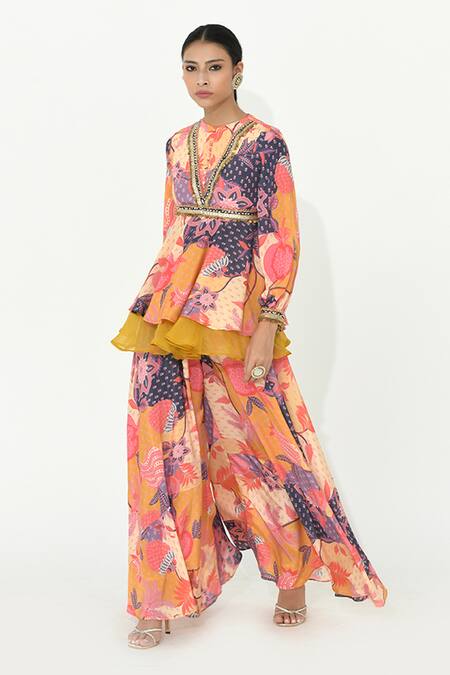 Rishi and Vibhuti Multi Color Organza, Crepe Sequins, Peri Floral Print Peplum Top And Sharara Set Online at Aza Fashions Rishi and Vibhuti_Multi Color Organza, Crepe Sequins, Peri Floral Print Peplum Top And Sharara Set _Online_at_Aza_Fashions