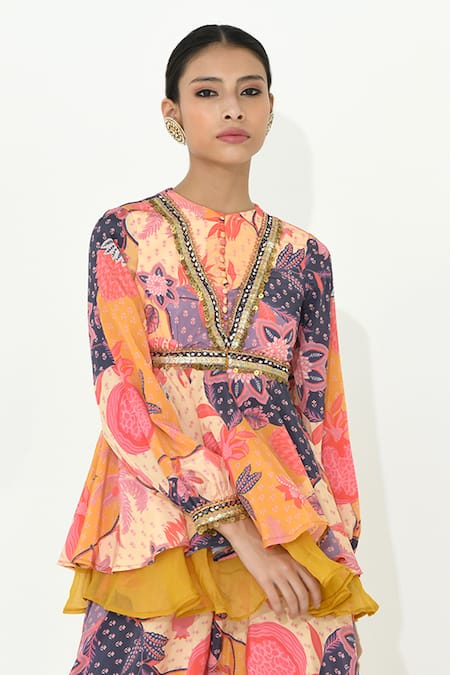 Buy Rishi and Vibhuti Multi Color Organza, Crepe Sequins, Peri Floral Print Peplum Top And Sharara Set Online at Aza Fashions Buy_Rishi and Vibhuti_Multi Color Organza, Crepe Sequins, Peri Floral Print Peplum Top And Sharara Set _Online_at_Aza_Fashions