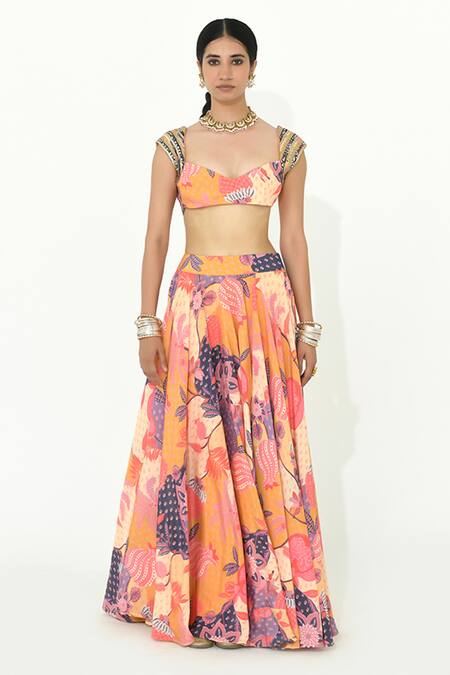 Rishi and Vibhuti_Multi Color Organza, Crepe, Chiffon Iris Ishq Botanical Print Lehenga Set _Online_at_Aza_Fashions