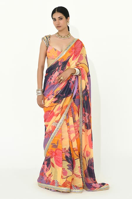 Rishi and Vibhuti Butter Cup Botanical Print Saree With Blouse 