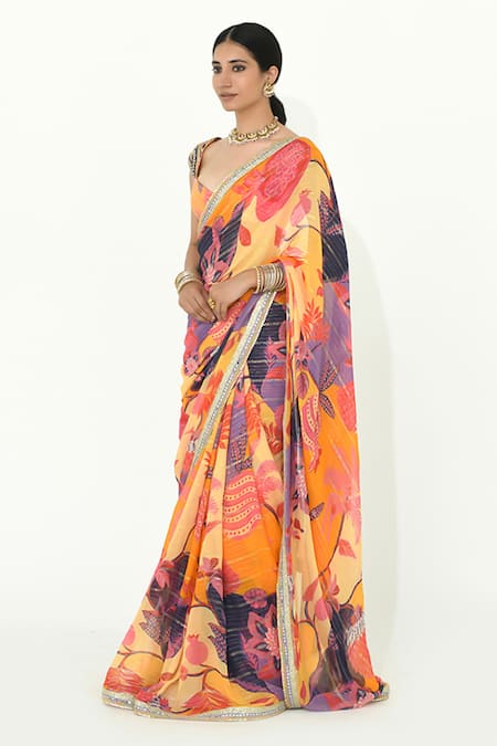 Rishi and Vibhuti_Multi Color Crepe Sequins, Mirrors, Butter Cup Botanical Print Saree With Blouse _Online_at_Aza_Fashions