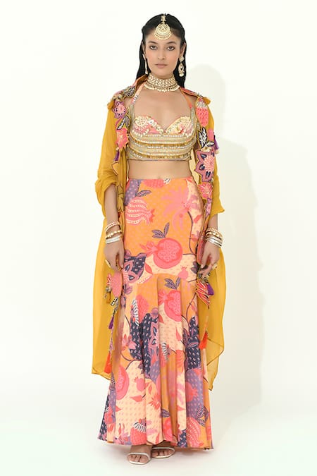 Rishi and Vibhuti Multi Color Crepe Printed Floral Cape Dilruba Cutwork Embellished Skirt Set 