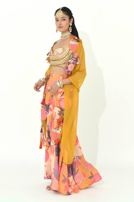 Rishi and Vibhuti_Multi Color Organza, Crepe Dilruba Floral Cutwork Embellished Cape Skirt Set _Online_at_Aza_Fashions