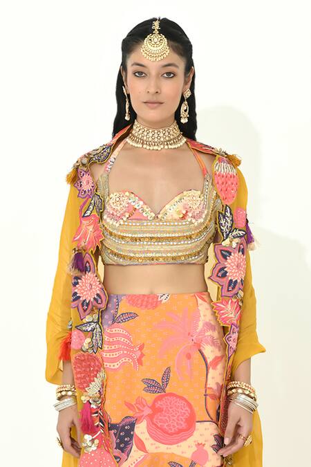Buy_Rishi and Vibhuti_Multi Color Organza, Crepe Dilruba Floral Cutwork Embellished Cape Skirt Set _Online_at_Aza_Fashions
