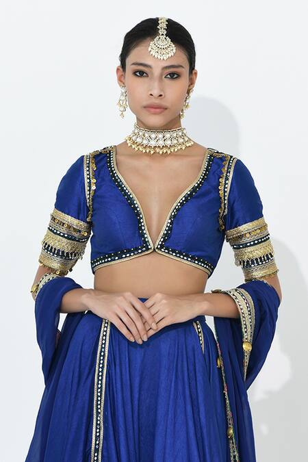 Rishi and Vibhuti Blue Silk Mirrors, Beads, Sequins Starlit Shimmer Work Blouse Lehenga Set Online at Aza Fashions Rishi and Vibhuti_Blue Silk Mirrors, Beads, Sequins Starlit Shimmer Work Blouse Lehenga Set _Online_at_Aza_Fashions