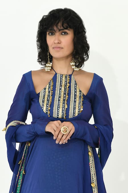 Rishi and Vibhuti_Blue Chanderi, Crepe Beads, Zari Indie Mirror Embroidered Anarkali Skirt Set _Online_at_Aza_Fashions