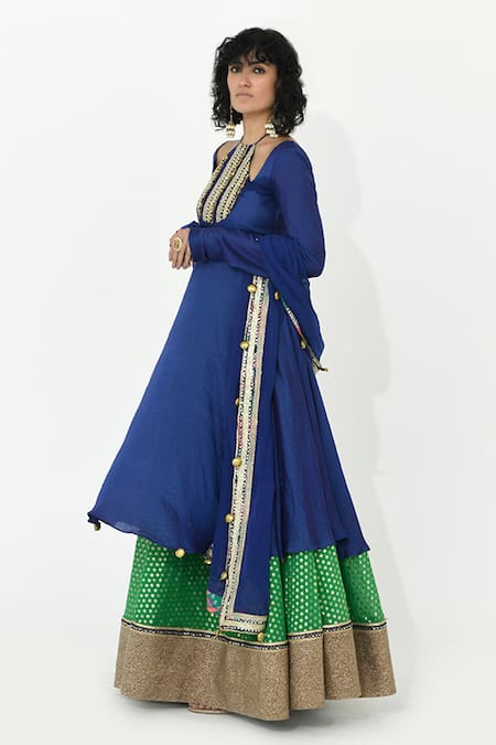 Buy_Rishi and Vibhuti_Blue Chanderi, Crepe Beads, Zari Indie Mirror Embroidered Anarkali Skirt Set _Online_at_Aza_Fashions