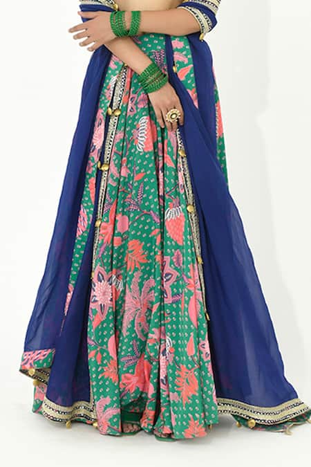 Rishi and Vibhuti_Green Organza, Crepe, Chiffon Beads Sweetheart Boho Florette Print Lehenga Set _Online_at_Aza_Fashions